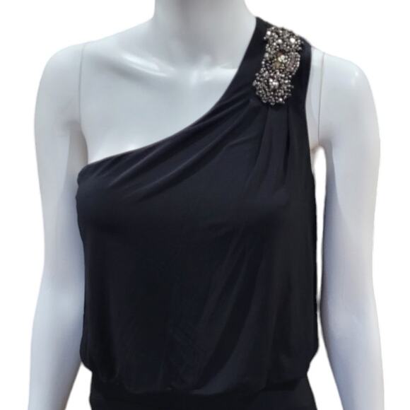 Jodi Kristopher Black Single Shoulder Rhinestone Dress Sz Small Draped Formal - Picture 2 of 10